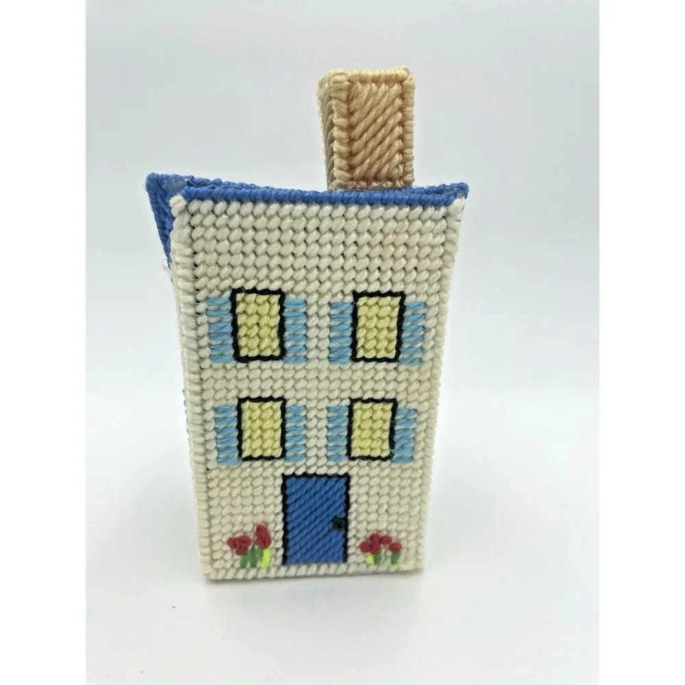 Vtg 70s Yarn Needlepoint Completed Car Dealership‎ &Cottage House Plastic Canvas